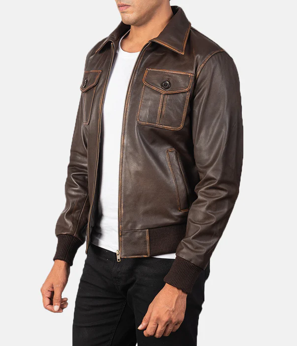 Brown Leather Bomber Jacket-GLJK136 – My Store