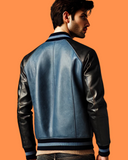 Blue and Black Varsity Leather Jacket-GLJK7