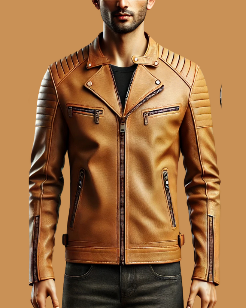 Tan Leather Biker Jacket - Minimalist Design with Streamlined Features-GLJK10