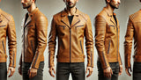 Tan Leather Biker Jacket - Minimalist Design with Streamlined Features-GLJK10