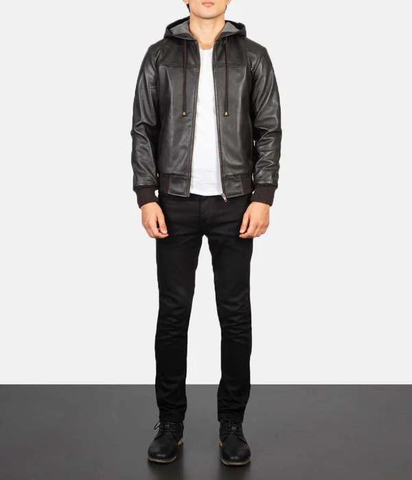Brown Hooded Leather Bomber Jacket-GLJK121