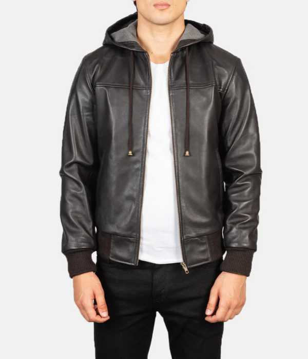 Brown Hooded Leather Bomber Jacket-GLJK121