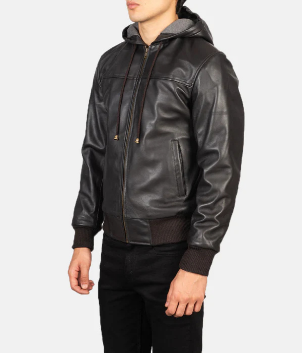 Brown Hooded Leather Bomber Jacket-GLJK121