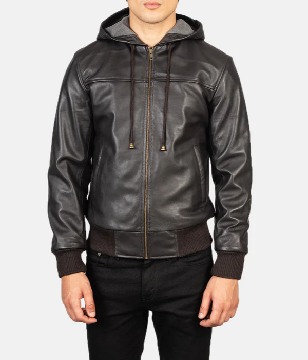 Brown Hooded Leather Bomber Jacket-GLJK121