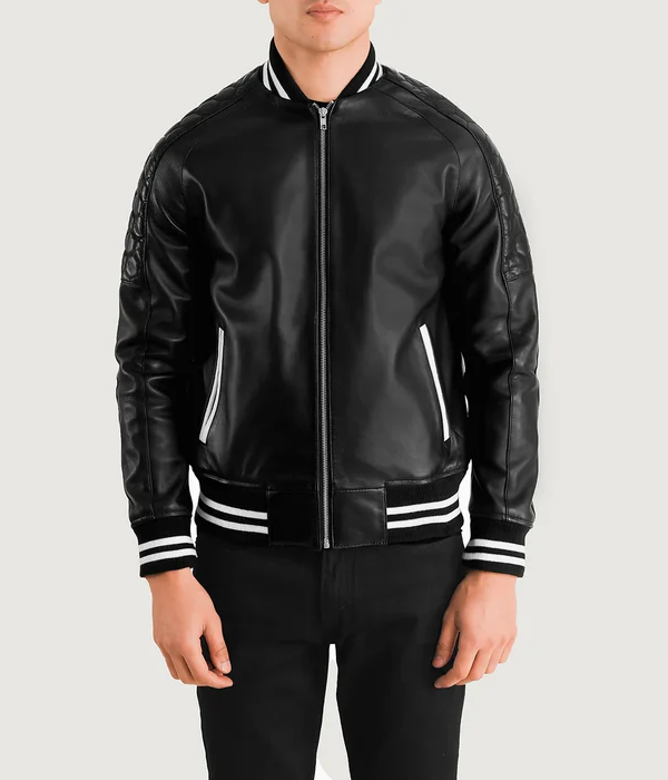 Black Leather Varsity Jacket-GLJK78