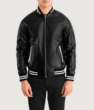 Black Leather Varsity Jacket-GLJK78