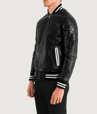 Black Leather Varsity Jacket-GLJK78