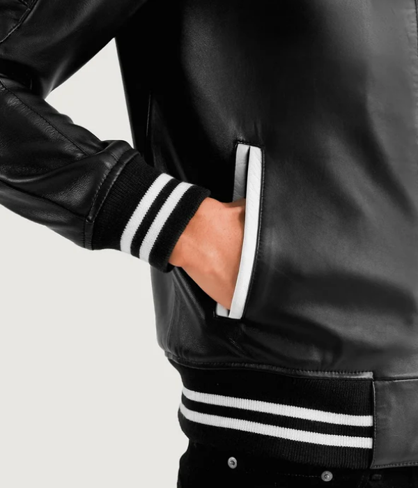 Black Leather Varsity Jacket-GLJK78