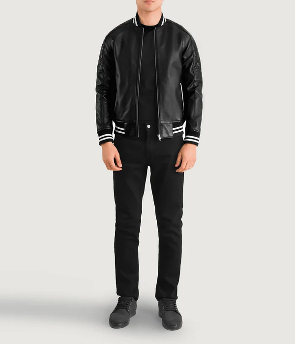 Black Leather Varsity Jacket-GLJK78