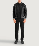 Black Leather Varsity Jacket-GLJK78