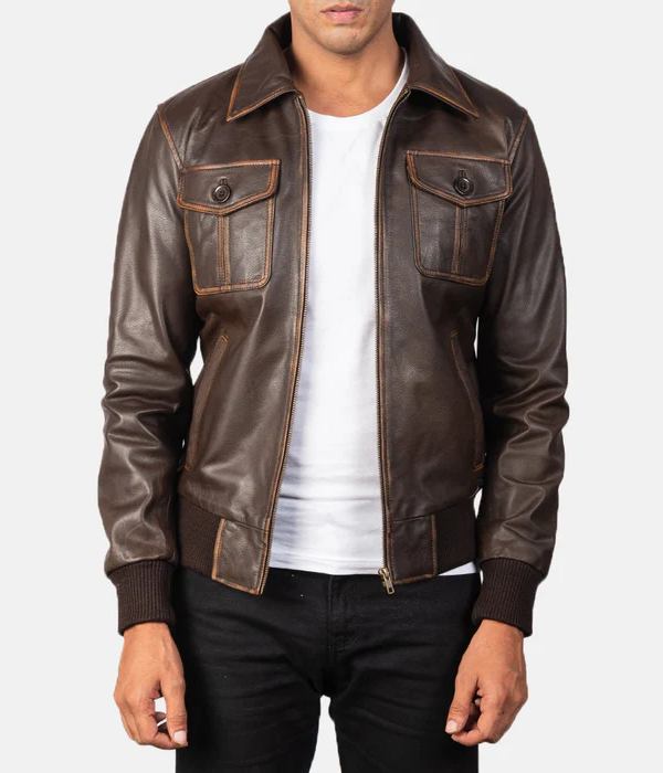 Brown Leather Bomber Jacket-GLJK136