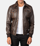 Brown Leather Bomber Jacket-GLJK136