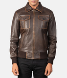 Brown Leather Bomber Jacket-GLJK136