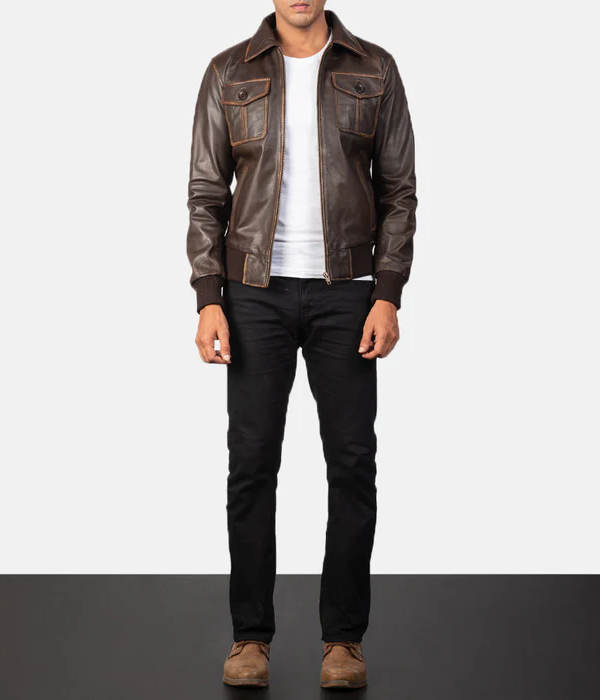 Brown Leather Bomber Jacket-GLJK136