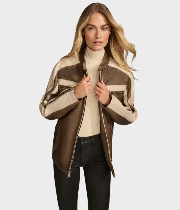 Color Block Racer Leather Jacket-GLJK55