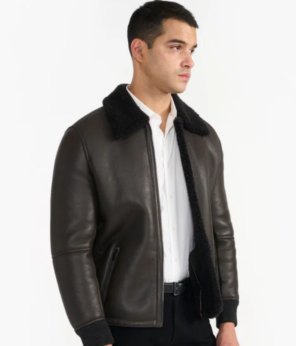 Dark Brown Men Leather Jacket with rib Knit-GLJK166