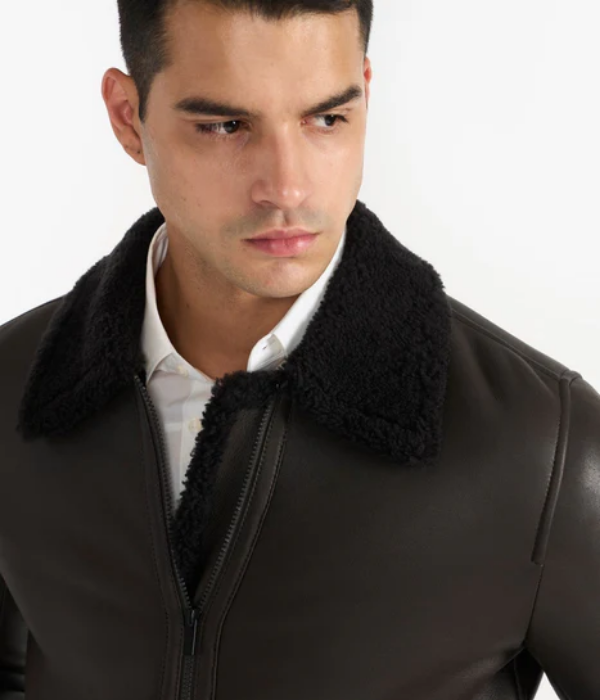 Dark Brown Men Leather Jacket with rib Knit-GLJK166