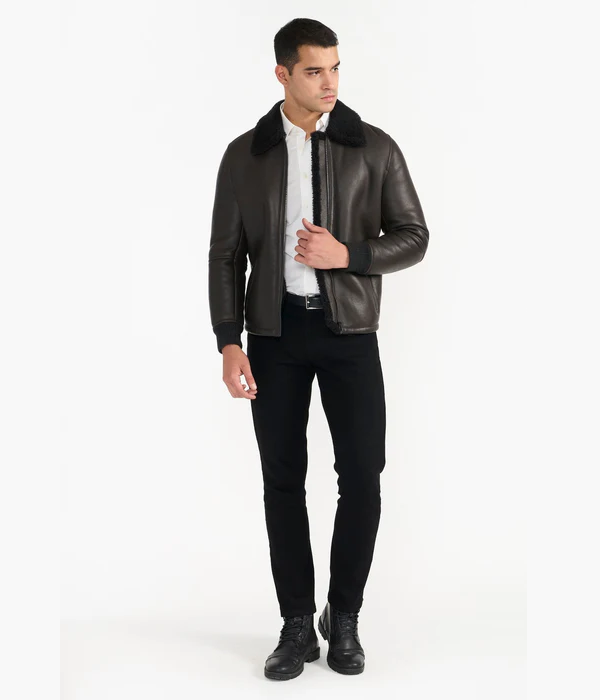 Dark Brown Men Leather Jacket with rib Knit-GLJK166