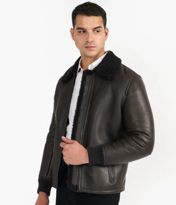 Dark Brown Men Leather Jacket with rib Knit-GLJK166