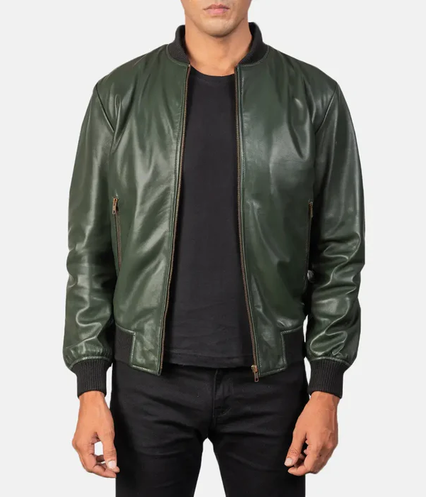 Green Leather Bomber Jacket-GLJK88