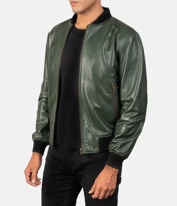 Green Leather Bomber Jacket-GLJK88
