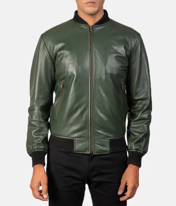 Green Leather Bomber Jacket-GLJK88