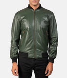 Green Leather Bomber Jacket-GLJK88