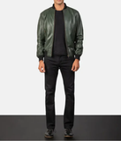 Green Leather Bomber Jacket-GLJK88