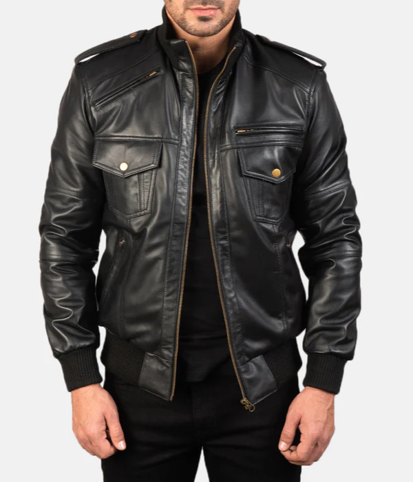 Pg Signature Black Leather Bomber Jacket-GLJK122