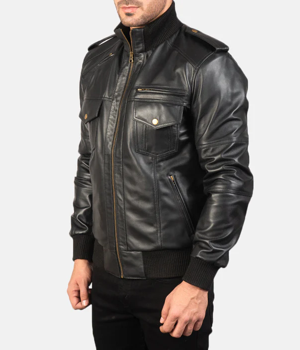 Pg Signature Black Leather Bomber Jacket-GLJK122