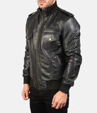 Pg Signature Black Leather Bomber Jacket-GLJK122