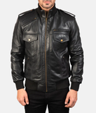 Pg Signature Black Leather Bomber Jacket-GLJK122