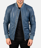 Pg Signature Blue Leather Bomber Jacket-GLJK104