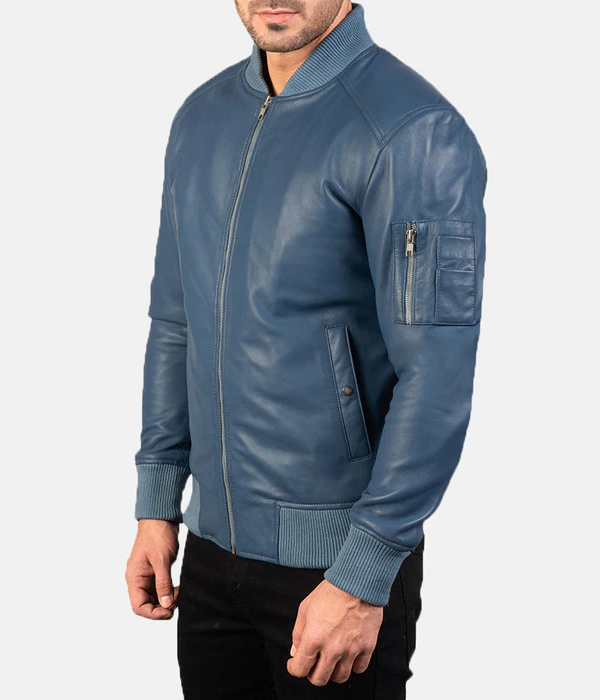 Pg Signature Blue Leather Bomber Jacket-GLJK104