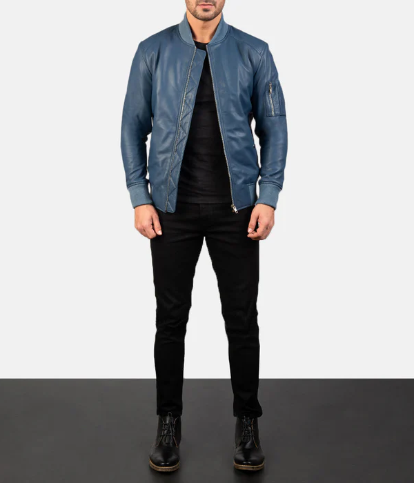 Pg Signature Blue Leather Bomber Jacket-GLJK104
