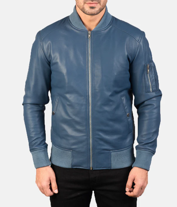Pg Signature Blue Leather Bomber Jacket-GLJK104