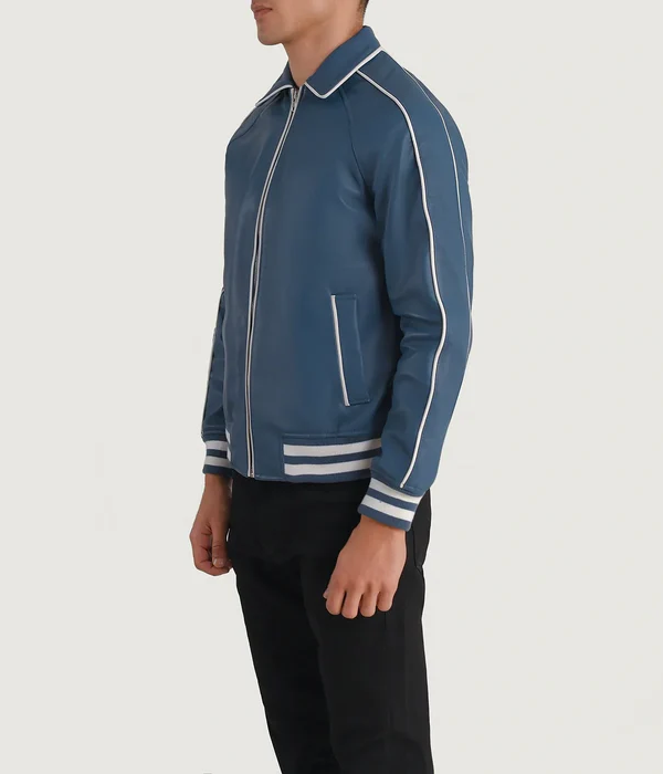 Pg Signature Blue Leather Varsity Jacket-GLJK72