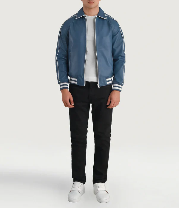 Pg Signature Blue Leather Varsity Jacket-GLJK72