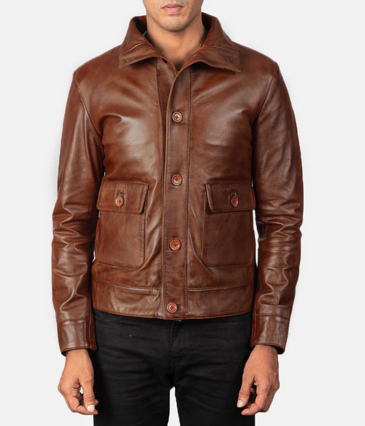 Pg Signature Brown Leather Bomber Jacket-GLJK120