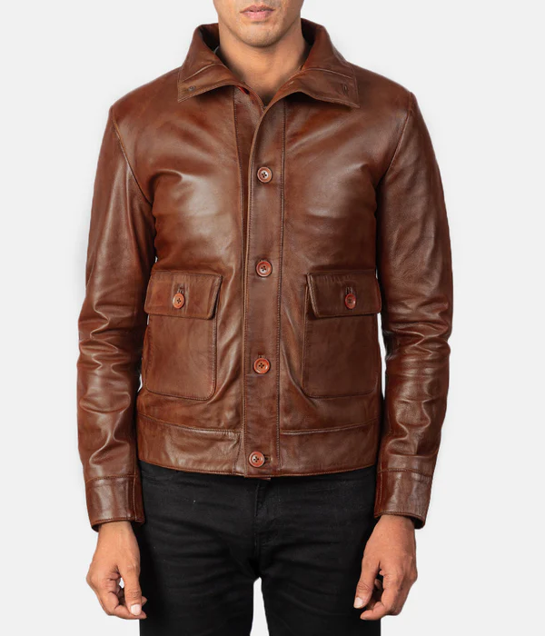 Pg Signature Brown Leather Bomber Jacket-GLJK120