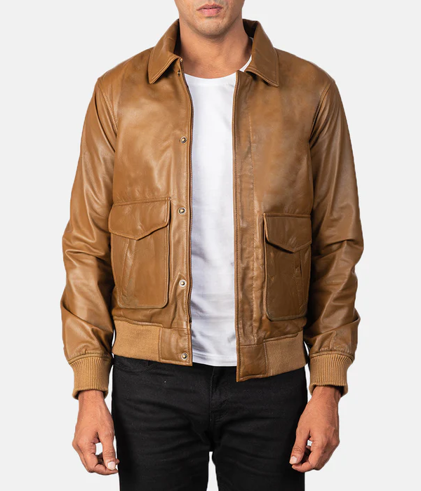 Pg Signature Brown Leather Bomber Jacket-GLJK116
