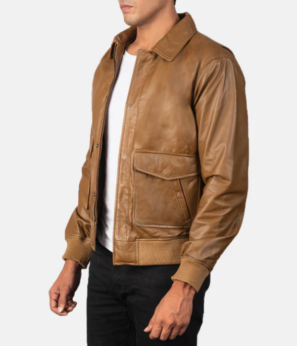 Pg Signature Brown Leather Bomber Jacket-GLJK116