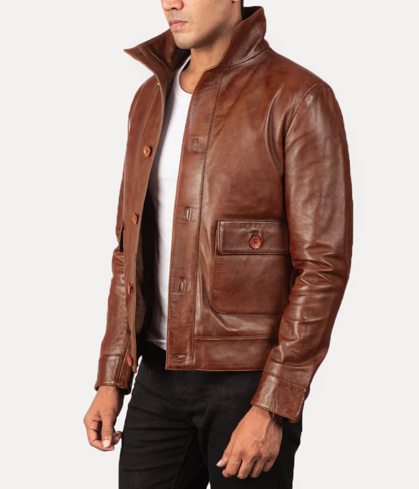 Pg Signature Brown Leather Bomber Jacket-GLJK120