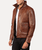 Pg Signature Brown Leather Bomber Jacket-GLJK120