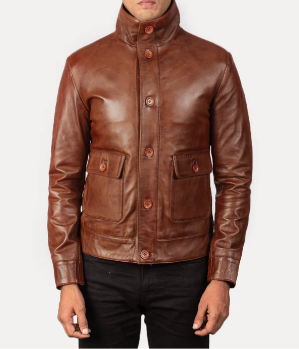 Pg Signature Brown Leather Bomber Jacket-GLJK120