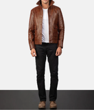 Pg Signature Brown Leather Bomber Jacket-GLJK120