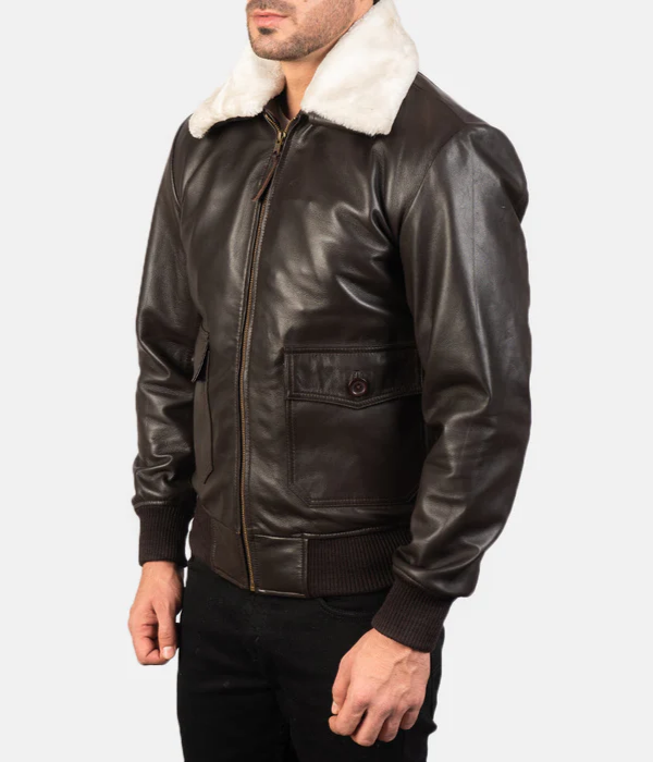 Pg Signature Brown Leather Bomber Jacket-GLJK103
