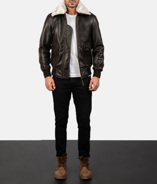 Pg Signature Brown Leather Bomber Jacket-GLJK103