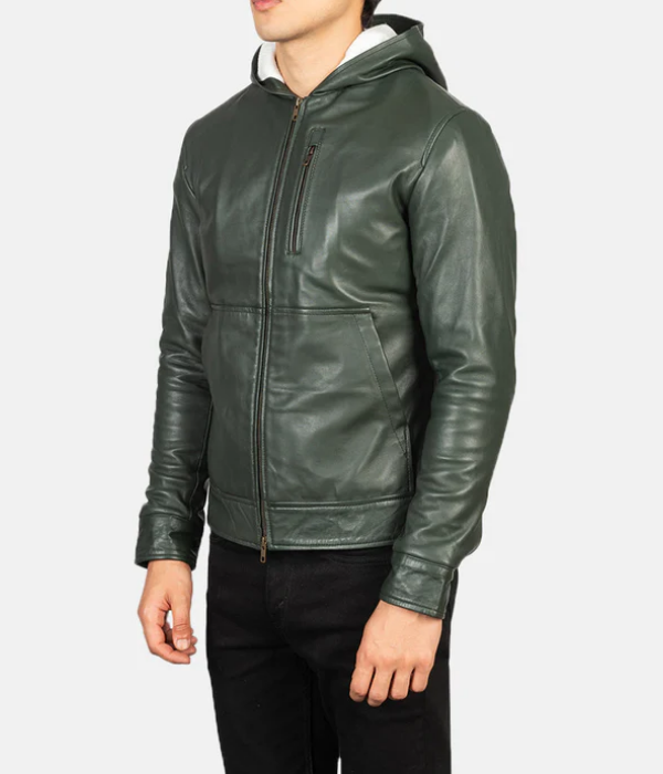 Pg Signature Green Hooded Leather Bomber Jacket-GLJK128