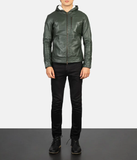 Pg Signature Green Hooded Leather Bomber Jacket-GLJK128